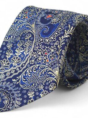 XMI Platinum Silk Tie Navy Blue Gold Silver Paisley Handmade USA Luxury Necktie